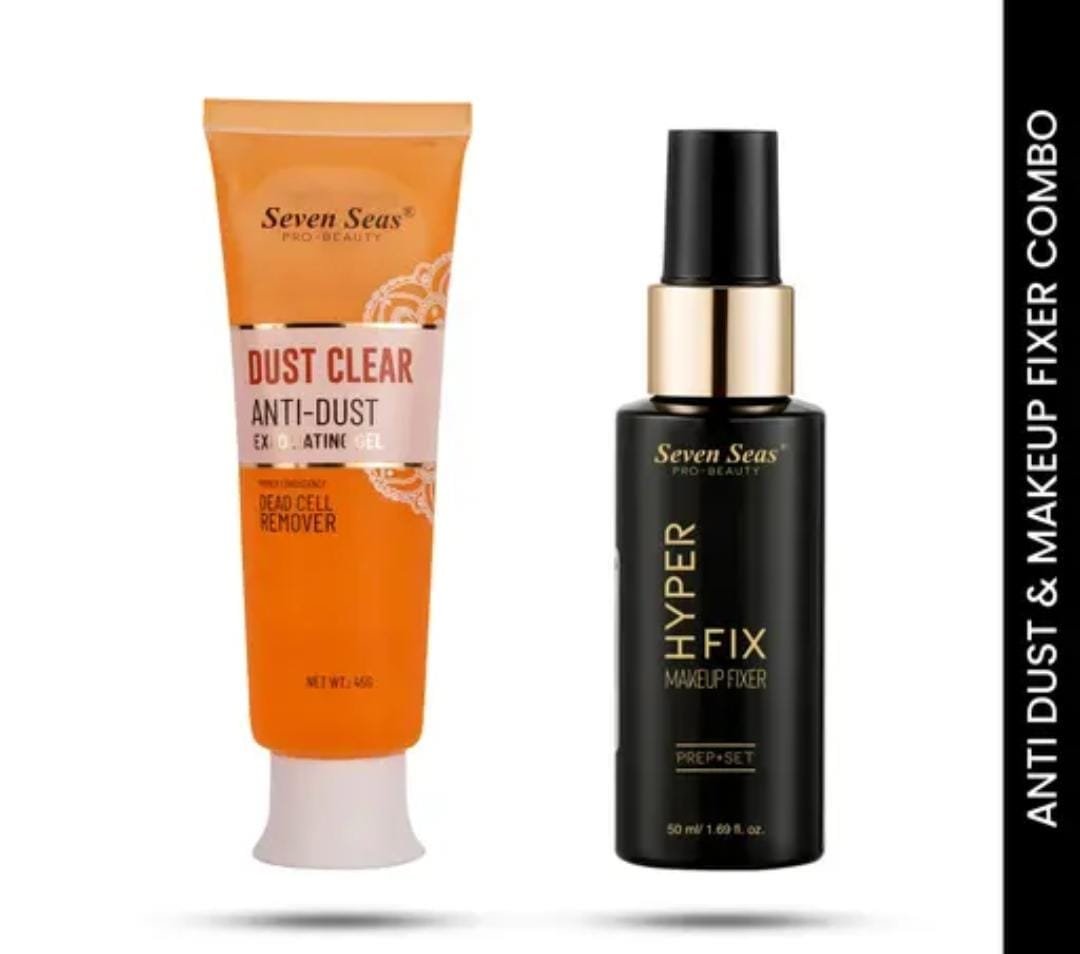 Seven Seas Dust Clear Anti-Dust Exfoliating Face Gel (45g) + Seven Seas Hyper Fix Prep & Set Makeup Fixer | Pack of 2 Combo