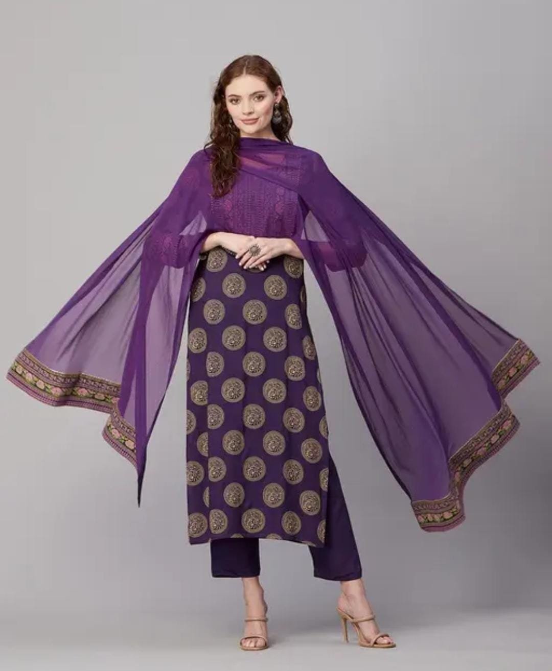 Women Purple Kurta Set with Dupatta and Pants - Image 4