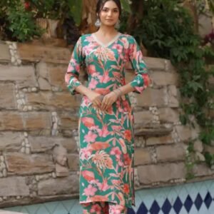 Women Floral V Neck Green Kurta Set with Palazzo