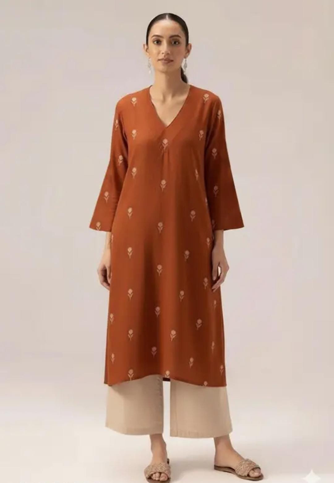 Women Brown Printed Kurta Set with Beige Palazzo - Image 3