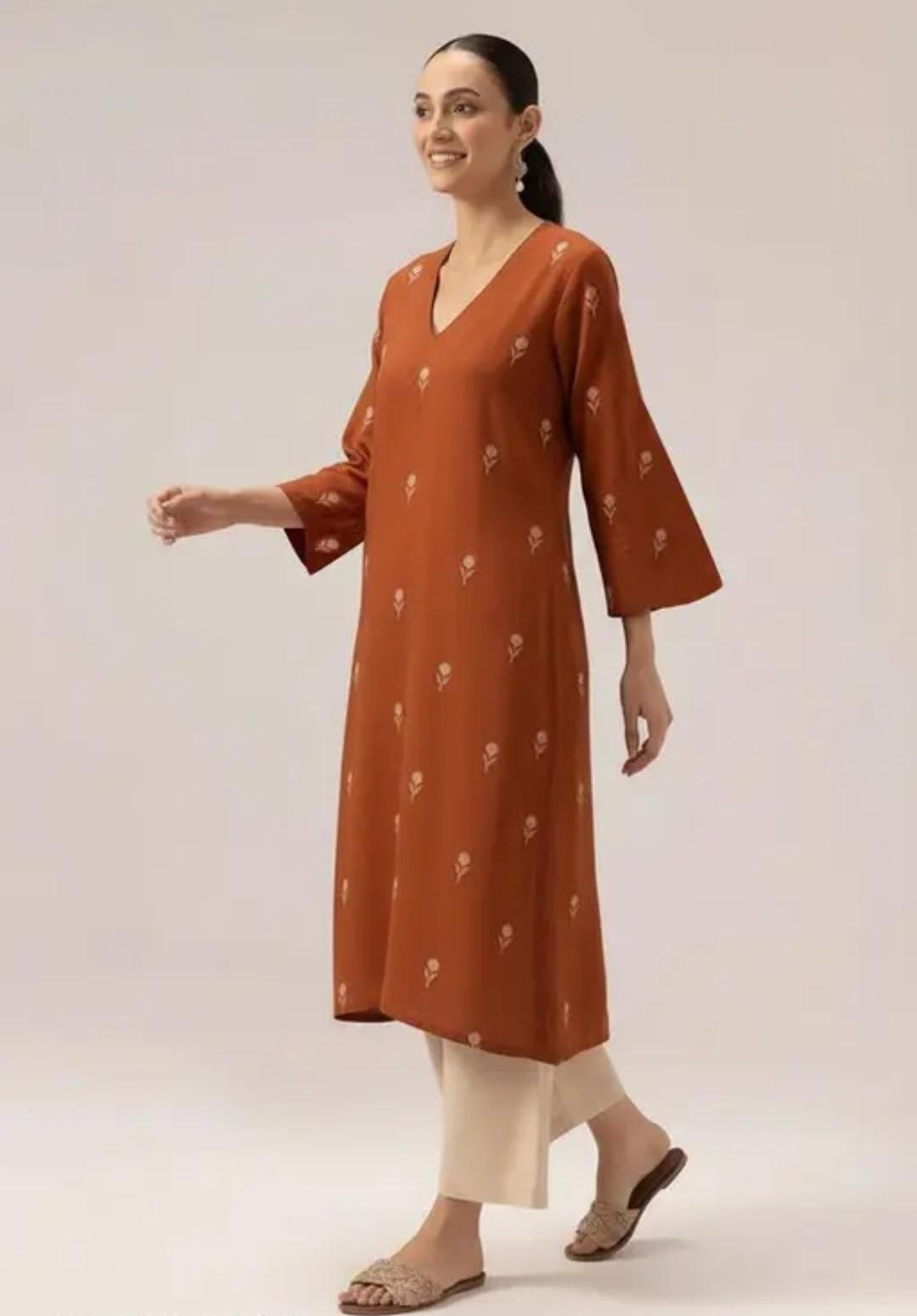 Women Brown Printed Kurta Set with Beige Palazzo