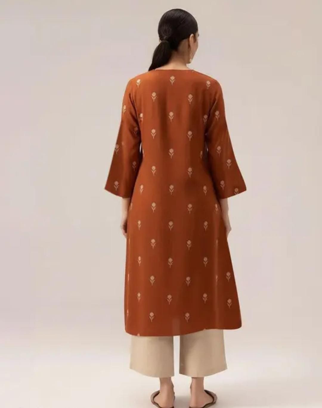 Women Brown Printed Kurta Set with Beige Palazzo - Image 2