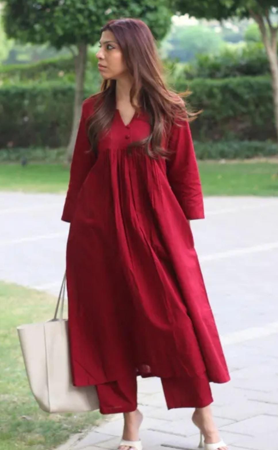 Women Red Notch Neck Kurta Set with Palazzo