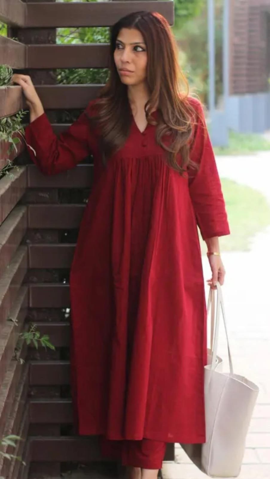 Women Red Notch Neck Kurta Set with Palazzo - Image 4