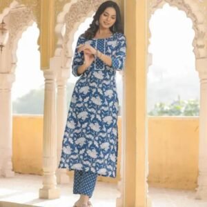Women Blue Floral Round Neck Kurta Set with Pants