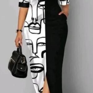 Women Black and White Maxi Dress with Quirky Print