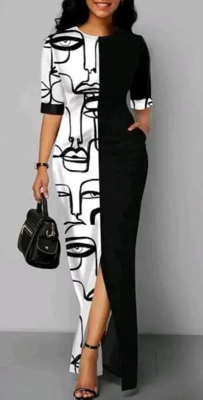 Women Black and White Maxi Dress with Quirky Print