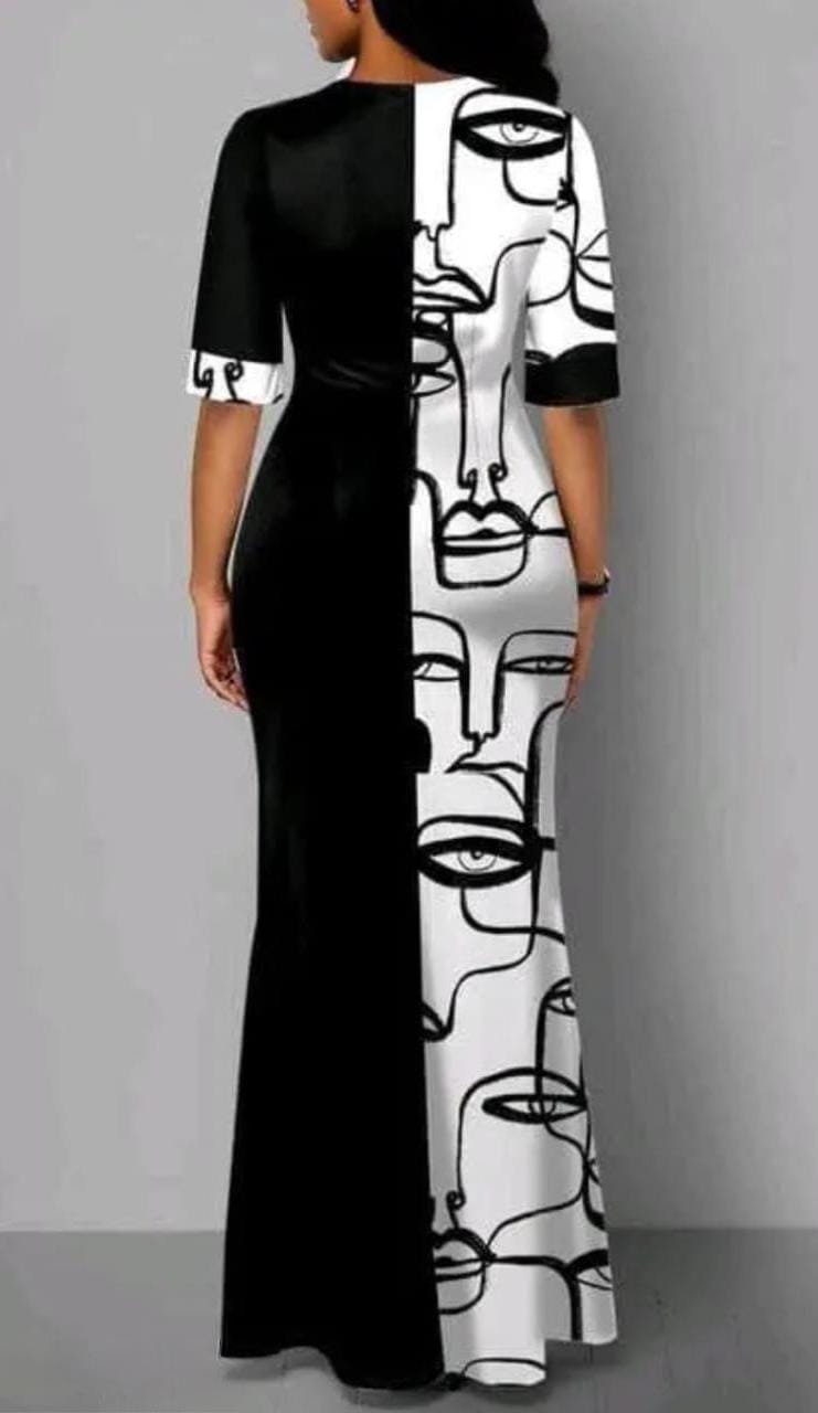 Women Black and White Maxi Dress with Quirky Print - Image 2