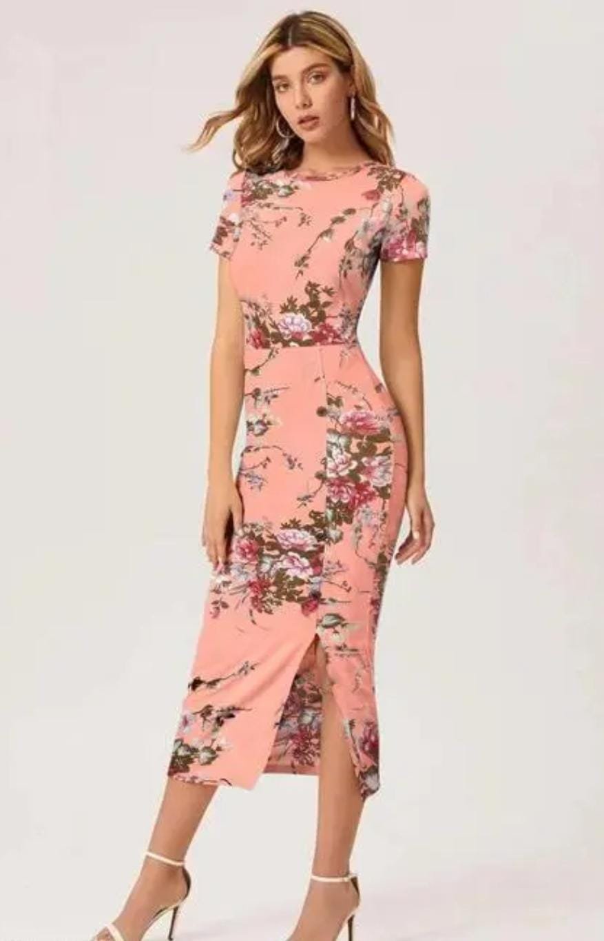 Women Peach Bodycon Midi Dress with Side Slit
