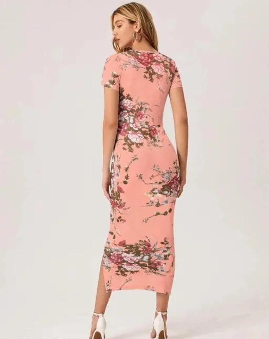 Women Peach Bodycon Midi Dress with Side Slit - Image 2