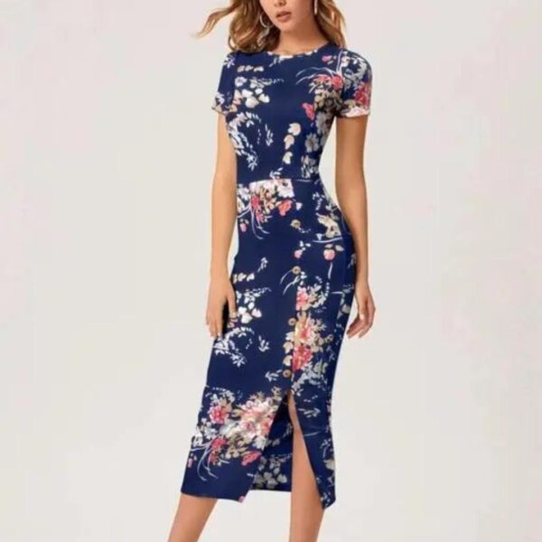 Women Dark Blue Bodycon Midi Dress with Side Slit