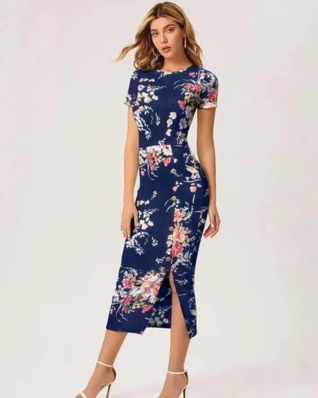 Women Dark Blue Bodycon Midi Dress with Side Slit