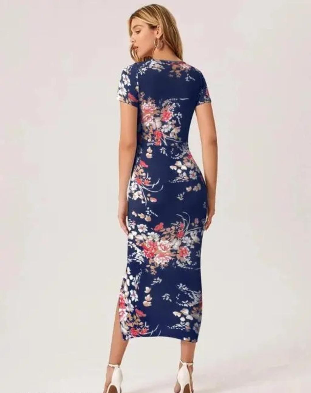 Women Dark Blue Bodycon Midi Dress with Side Slit - Image 2