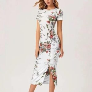 Women White Bodycon Midi Dress with Side Slit