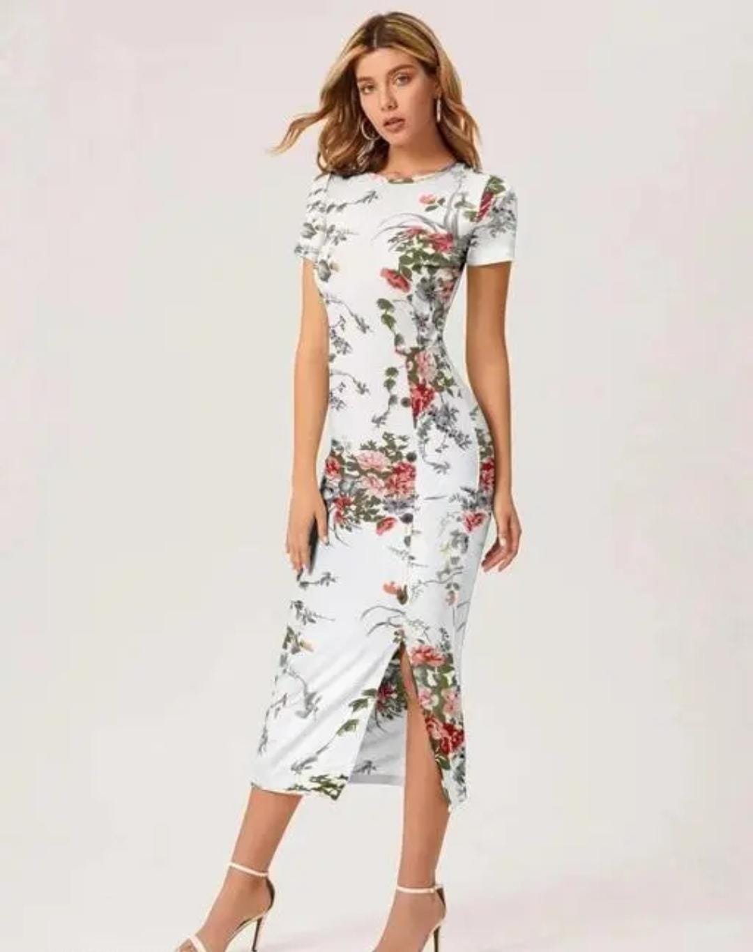 Women White Bodycon Midi Dress with Side Slit