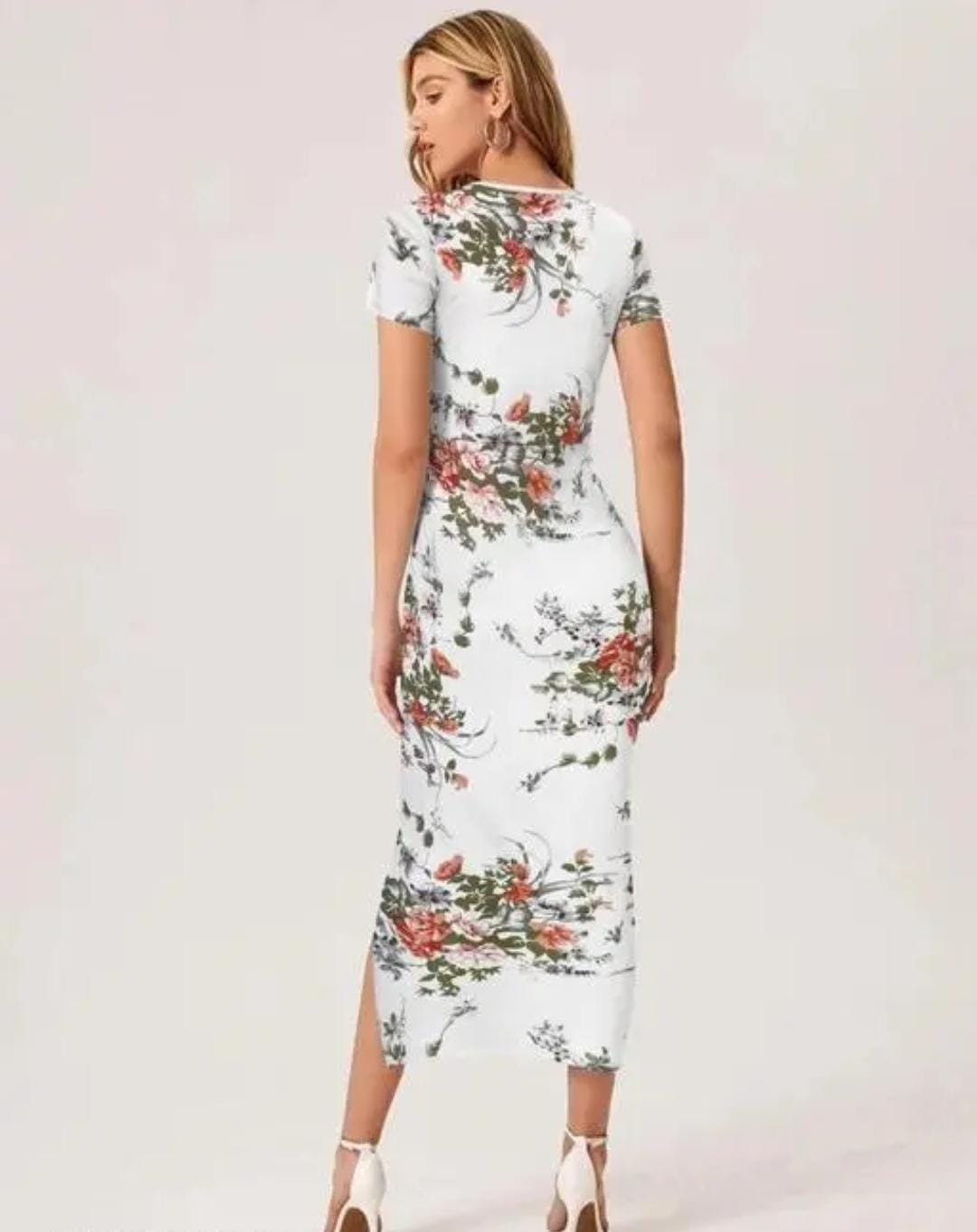 Women White Bodycon Midi Dress with Side Slit - Image 2