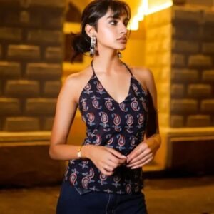 Women Dark Blue Sleeveless Short Kurti Backless