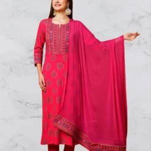Women Pink Round Neck Kurta Set with Dupatta and Pants