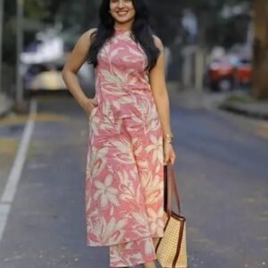 Women Pink Botanical Kurta Set with Palazzo