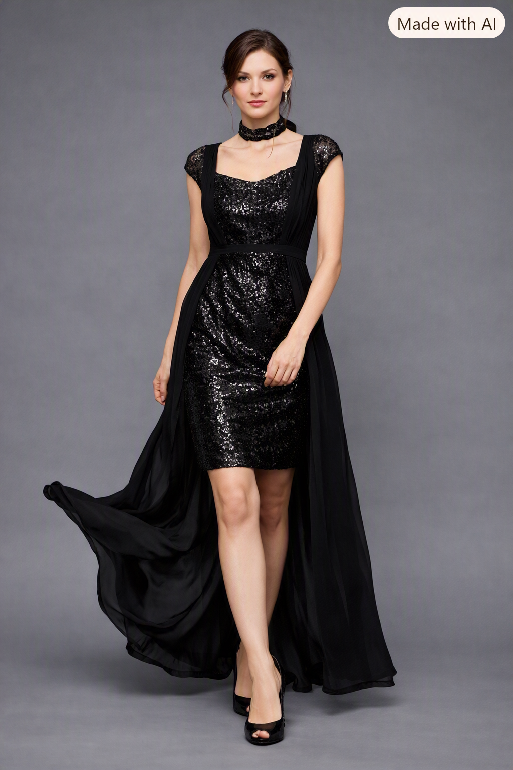Women Black Sequin Fit & Flare Maxi Dress with Georgette Overlay | Sweetheart Neck Party Evening Dress - Image 6