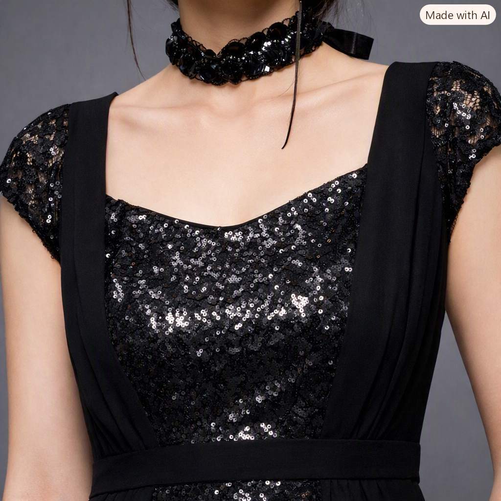 Women Black Sequin Fit & Flare Maxi Dress with Georgette Overlay | Sweetheart Neck Party Evening Dress - Image 5