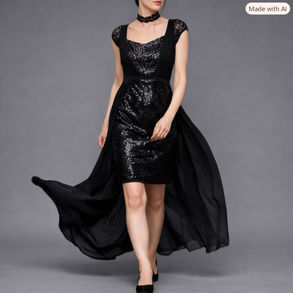 Women Black Sequin Fit & Flare Maxi Dress with Georgette Overlay | Sweetheart Neck Party Evening Dress