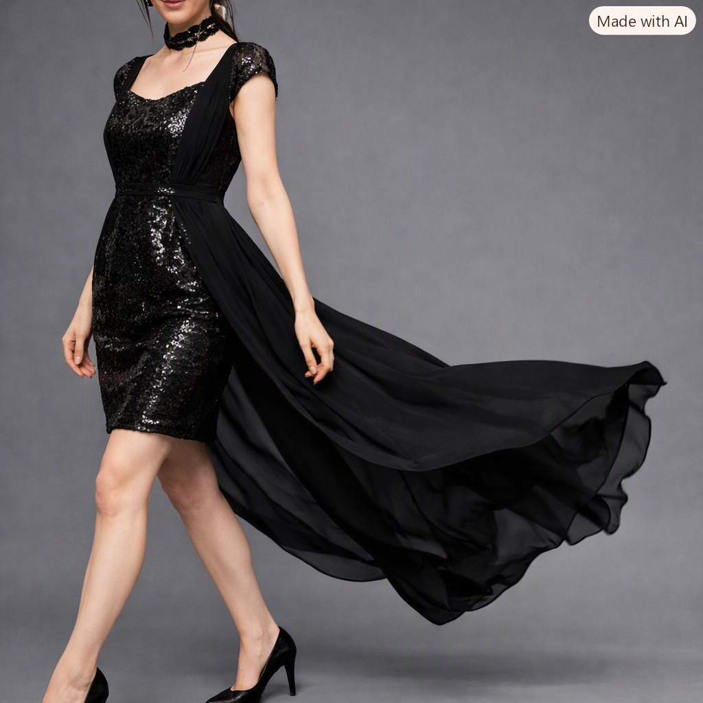 Women Black Sequin Fit & Flare Maxi Dress with Georgette Overlay | Sweetheart Neck Party Evening Dress - Image 2