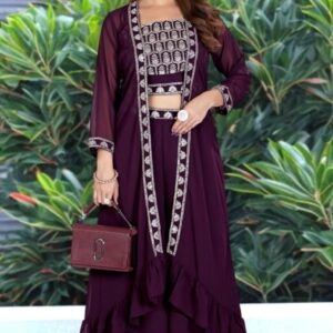 Purple Embroidered Indo-Western Palazzo Set with Long Jacket – Indian Festive and Party Wear