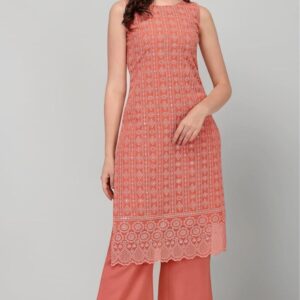Orange Georgette Chikankari Kurta Palazzo Set for Women – Sleeveless Embroidered Ethnic Suit