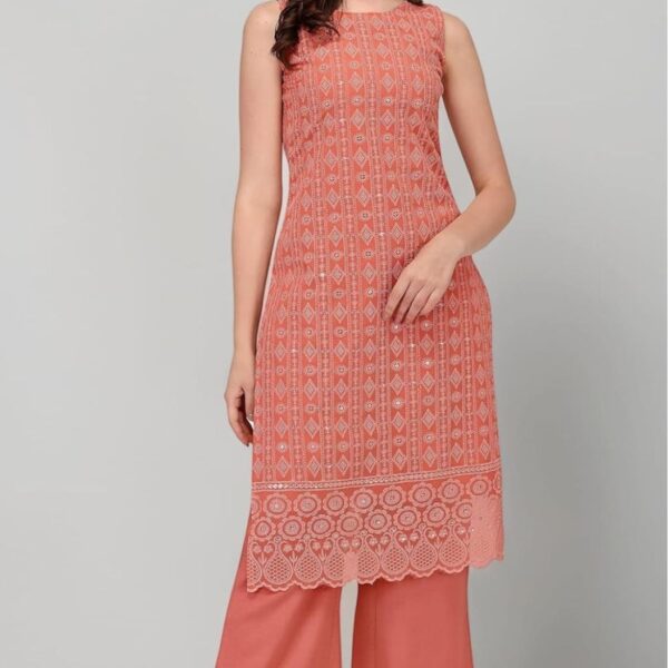 Orange Georgette Chikankari Kurta Palazzo Set for Women – Sleeveless Embroidered Ethnic Suit