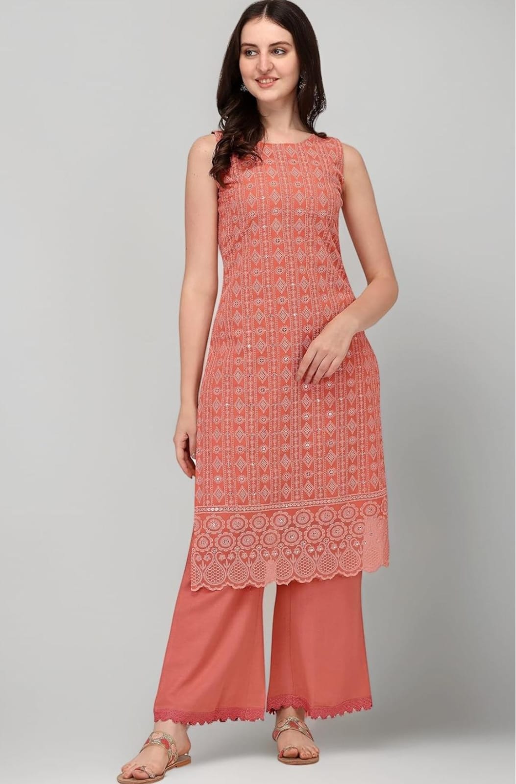 Orange Georgette Chikankari Kurta Palazzo Set for Women – Sleeveless Embroidered Ethnic Suit