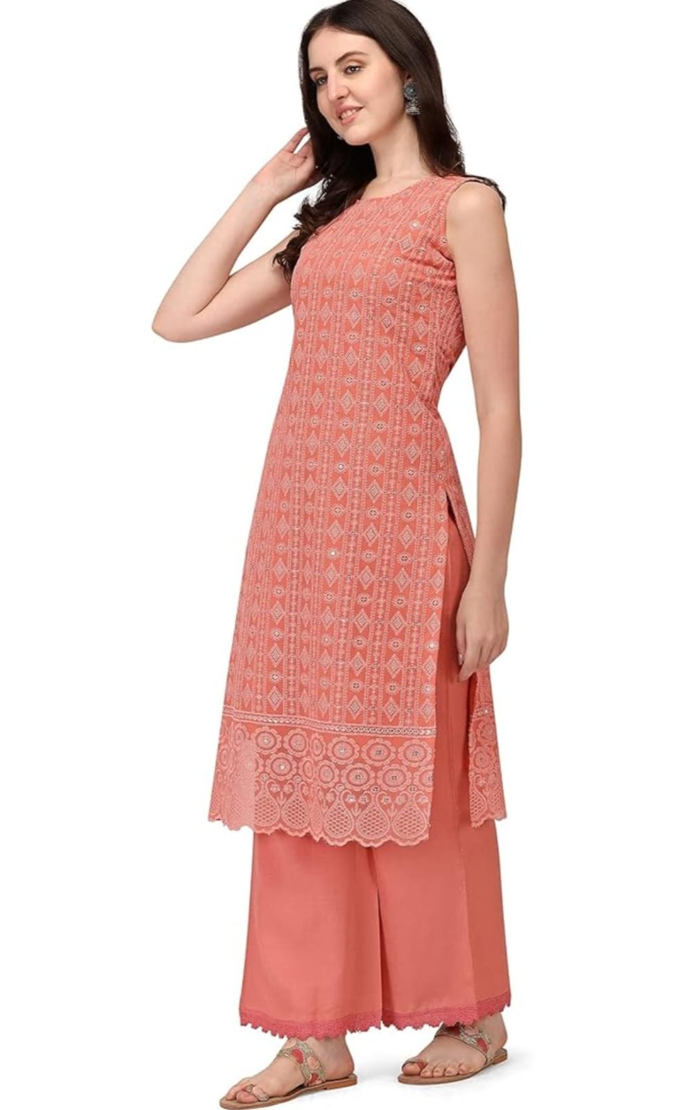 Orange Georgette Chikankari Kurta Palazzo Set for Women – Sleeveless Embroidered Ethnic Suit - Image 3