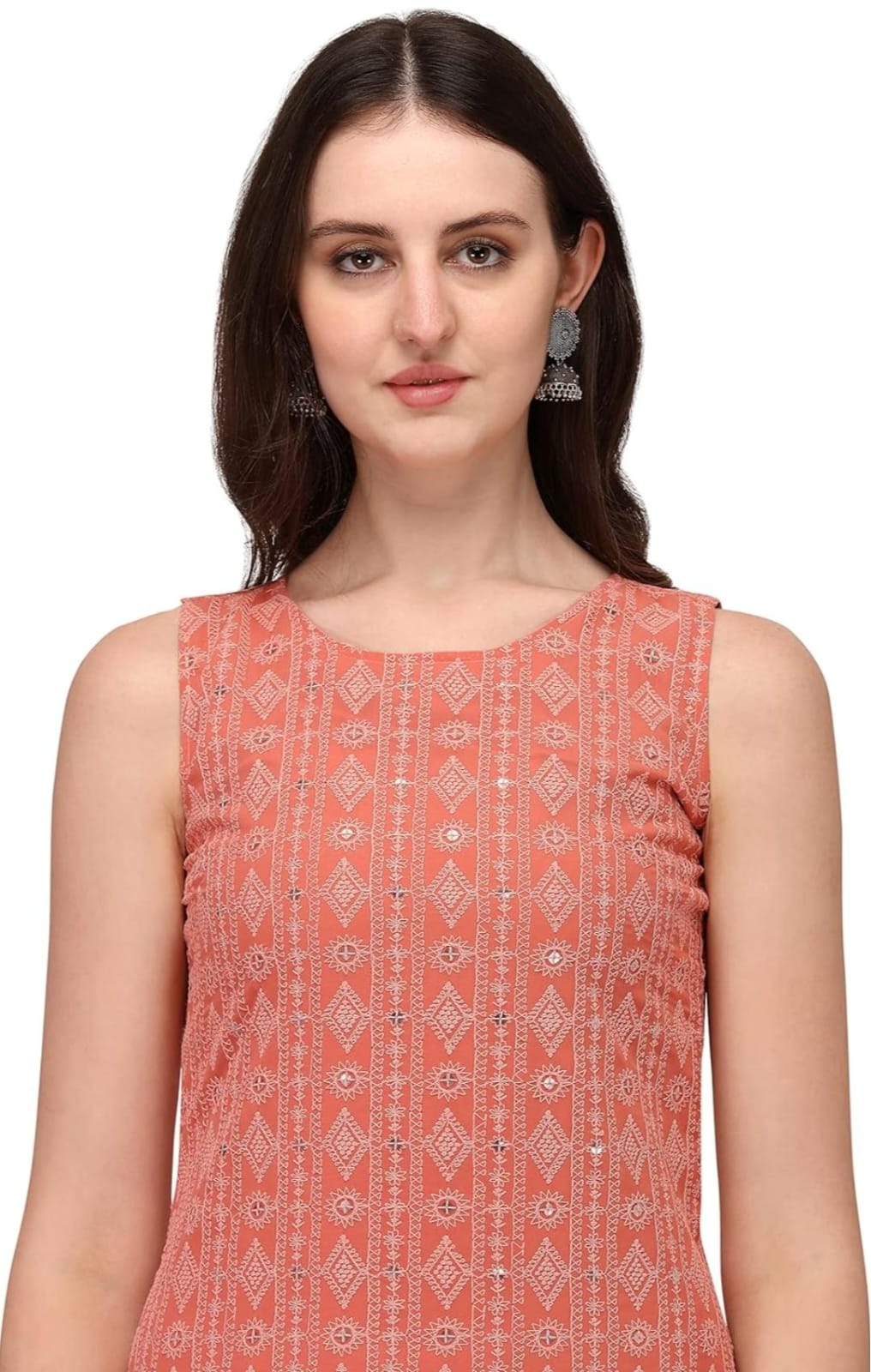 Orange Georgette Chikankari Kurta Palazzo Set for Women – Sleeveless Embroidered Ethnic Suit - Image 2