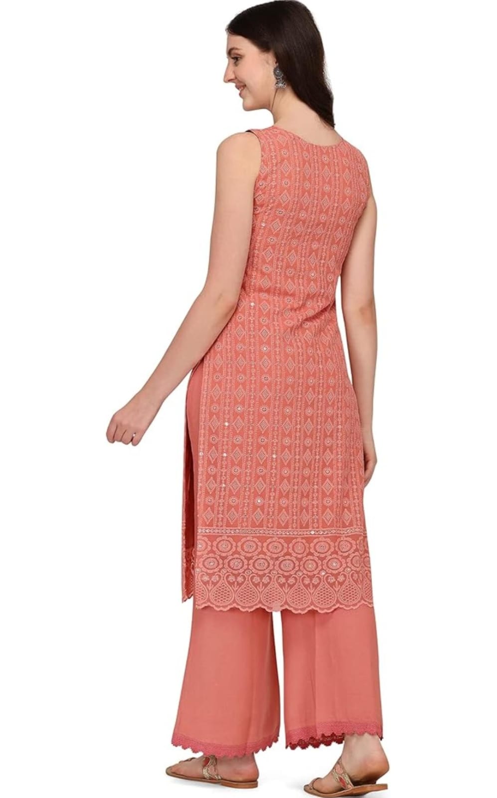 Orange Georgette Chikankari Kurta Palazzo Set for Women – Sleeveless Embroidered Ethnic Suit - Image 4