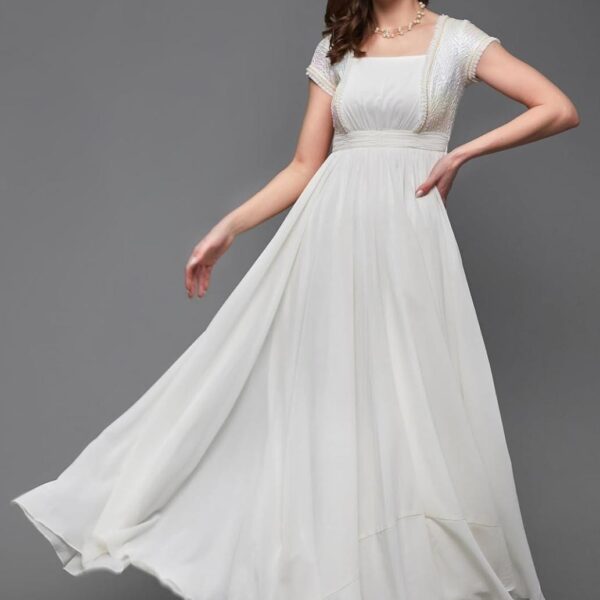 Women Square Neck Embellished Flared Maxi Dress – Panelled Georgette Evening Dress with Pockets