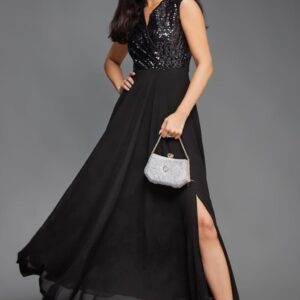 Women V-Neck Sequin Embellished Fit & Flare Maxi Dress – Black Wrap Style Evening Party Dress with Slit