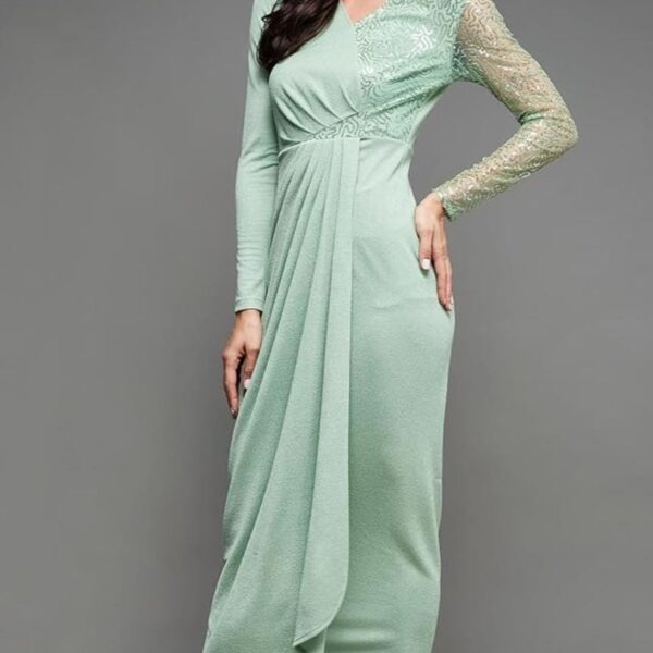 Women Mint Green V-Neck Longline Evening Dress | Lace Sleeve Slim Fit Party Dress | Elegant Draped Maxi Dress
