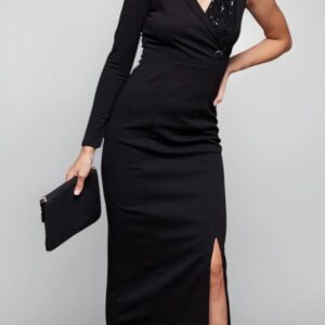 Women Black Asymmetric One Sleeve Sequin Maxi Dress | Shawl Collar Slim Fit Party Evening Dress