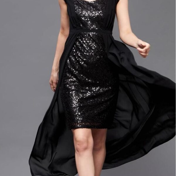 Women Black Sequin Fit & Flare Maxi Dress with Georgette Overlay | Sweetheart Neck Party Evening Dress