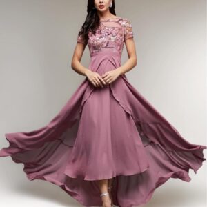 Women Dusty Rose Floral Embellished Layered Midi Dress – Round Neck Short Sleeve Party Dress