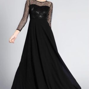 Women Black Sequin Embellished Georgette Maxi Dress – Sheer Full Sleeve Party Evening Gown