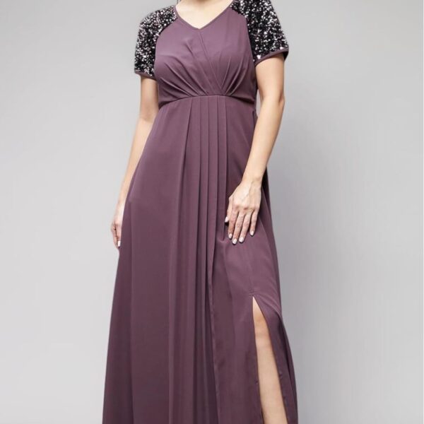 Women Dusty Mauve Embellished Wrap Maxi Dress – V Neck Tie-Up Slit Casual Dress with Half Sleeves