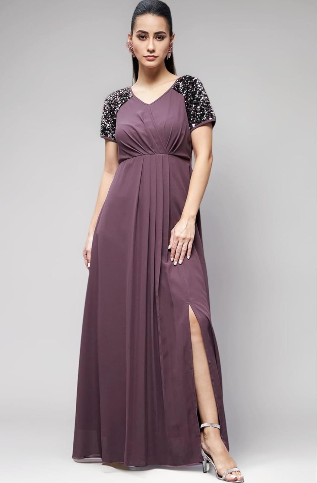 Women Dusty Mauve Embellished Wrap Maxi Dress – V Neck Tie-Up Slit Casual Dress with Half Sleeves