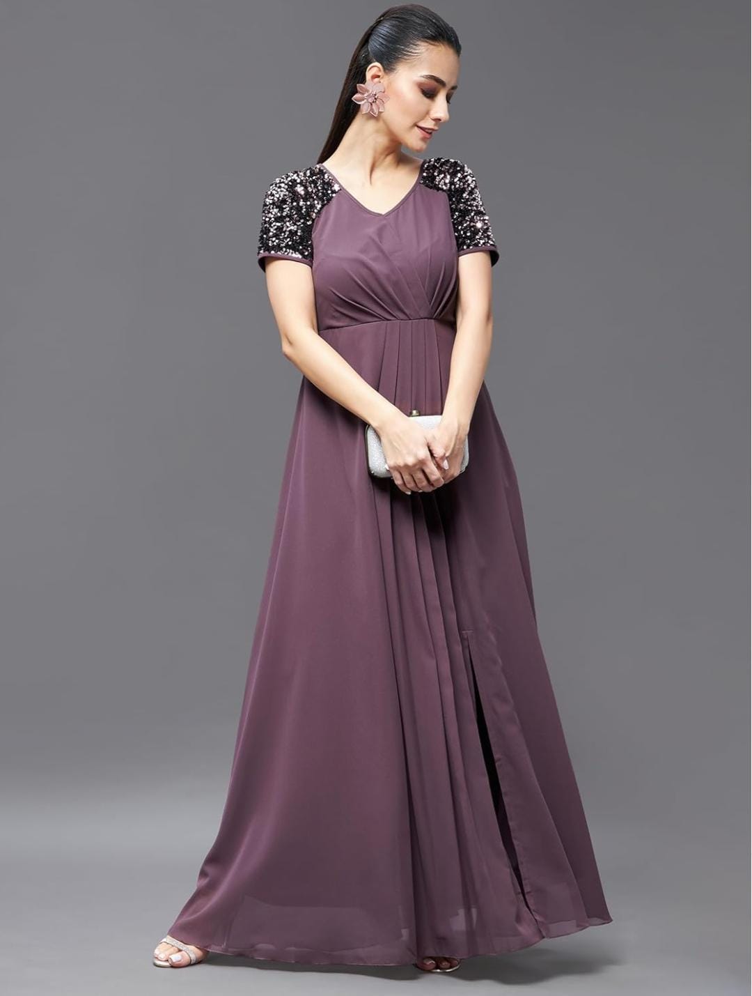 Women Dusty Mauve Embellished Wrap Maxi Dress – V Neck Tie-Up Slit Casual Dress with Half Sleeves - Image 6