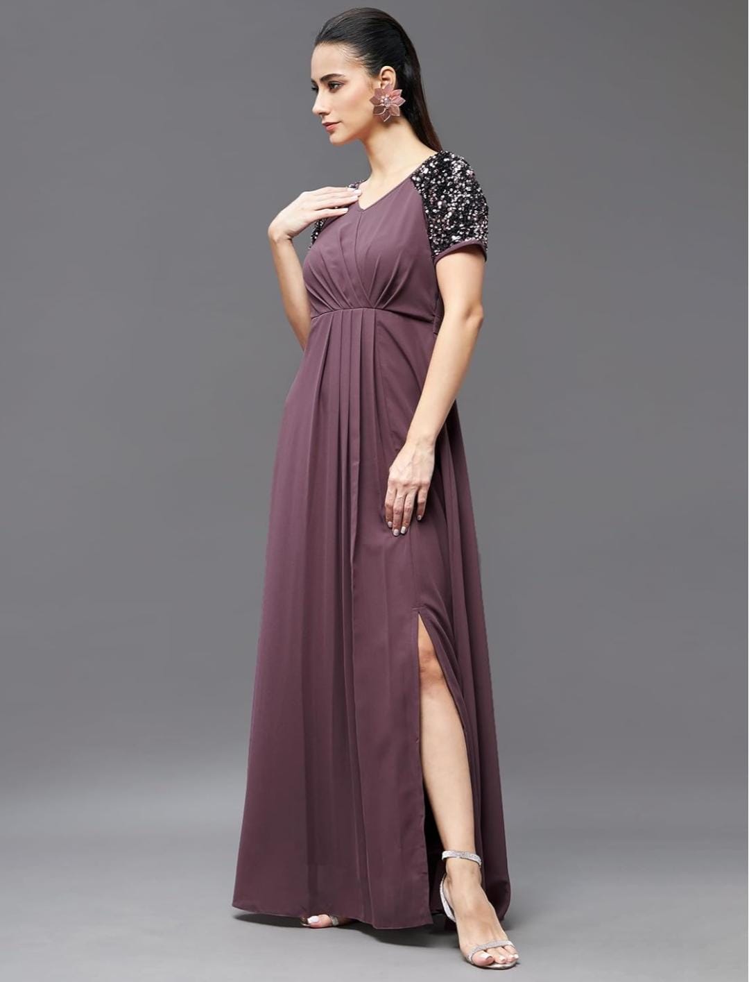 Women Dusty Mauve Embellished Wrap Maxi Dress – V Neck Tie-Up Slit Casual Dress with Half Sleeves - Image 5