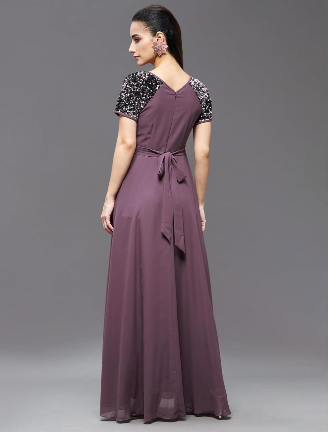 Women Dusty Mauve Embellished Wrap Maxi Dress – V Neck Tie-Up Slit Casual Dress with Half Sleeves - Image 4