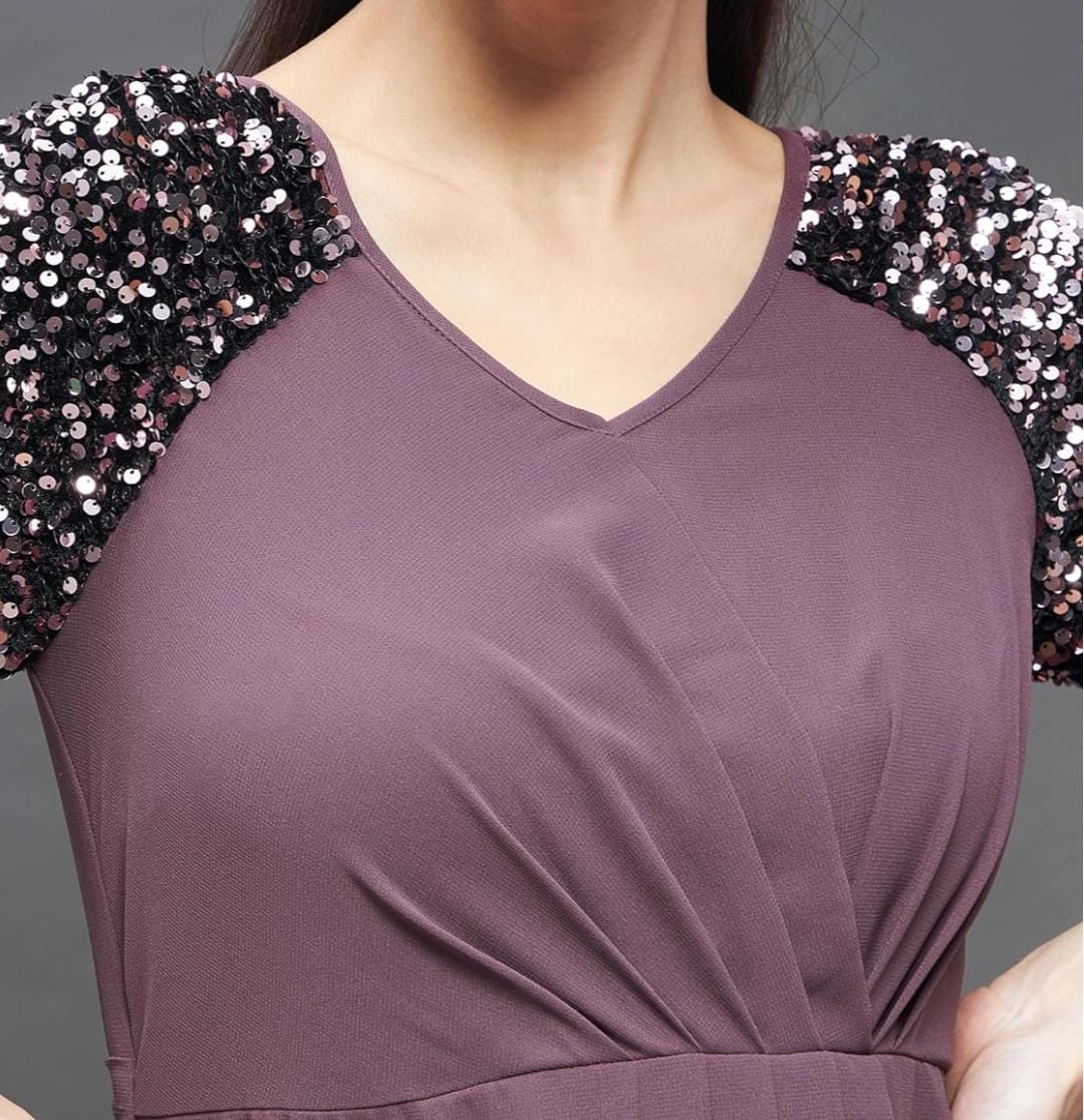 Women Dusty Mauve Embellished Wrap Maxi Dress – V Neck Tie-Up Slit Casual Dress with Half Sleeves - Image 3