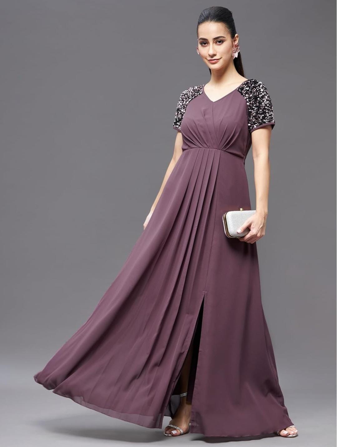Women Dusty Mauve Embellished Wrap Maxi Dress – V Neck Tie-Up Slit Casual Dress with Half Sleeves - Image 2