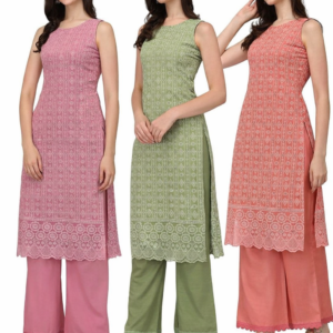 Women Chikankari Embroidered Kurta Palazzo Set – Sleeveless Heavy Georgette Ethnic Suit (Pink, Green, Coral Orange)