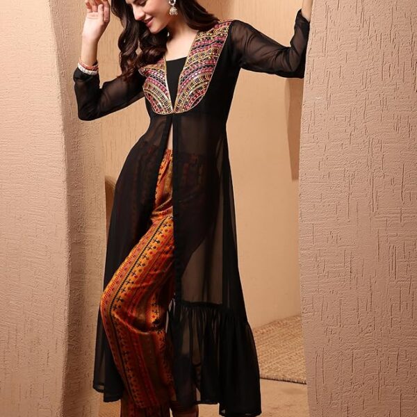 Women's Black Georgette Embroidered High Front Slit A-Line Kurta Palazzo Set – Sizes S to XXL
